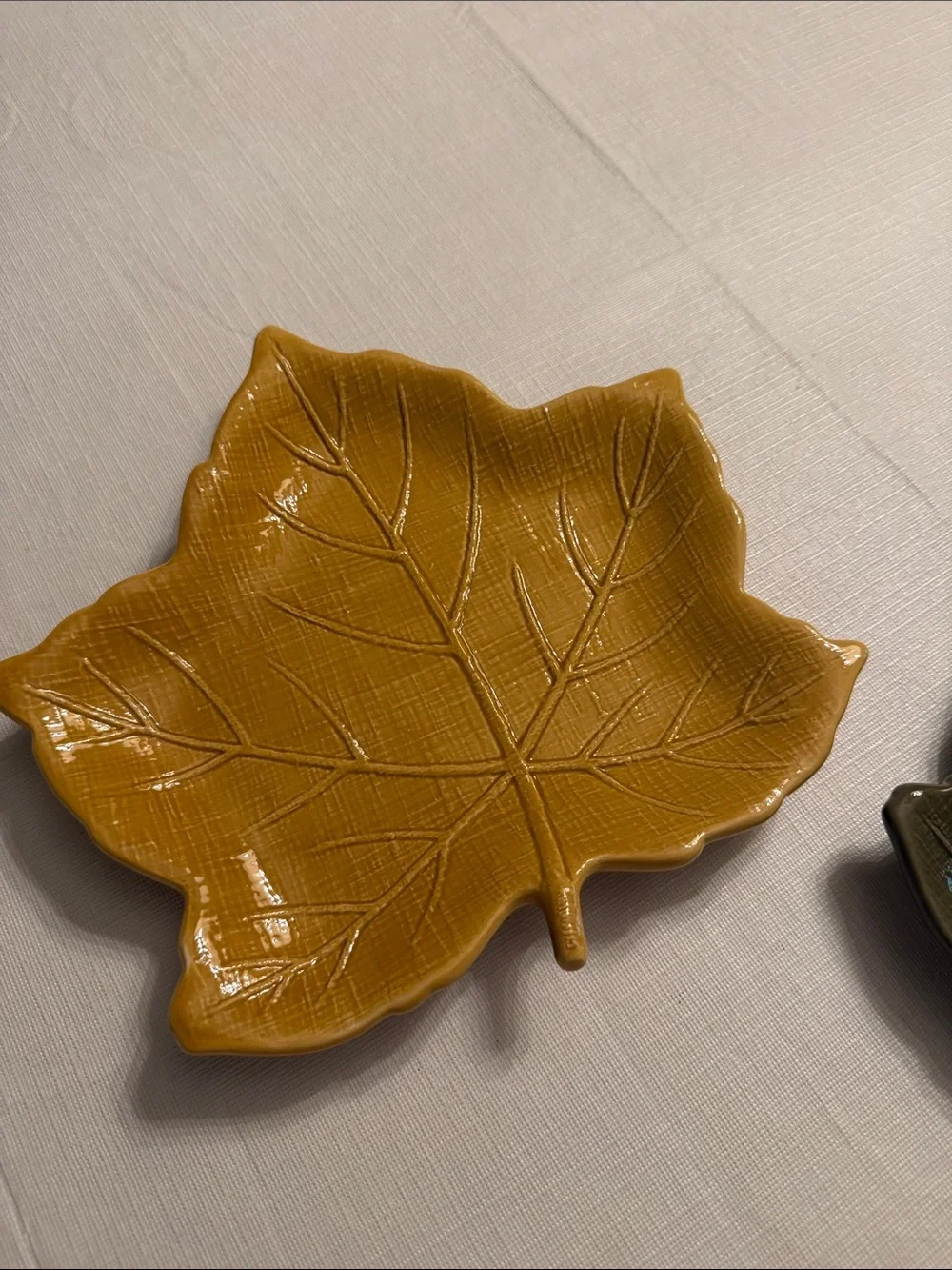Leaf-Shaped Ceramic Serving Dishes - Gold & Olive Green